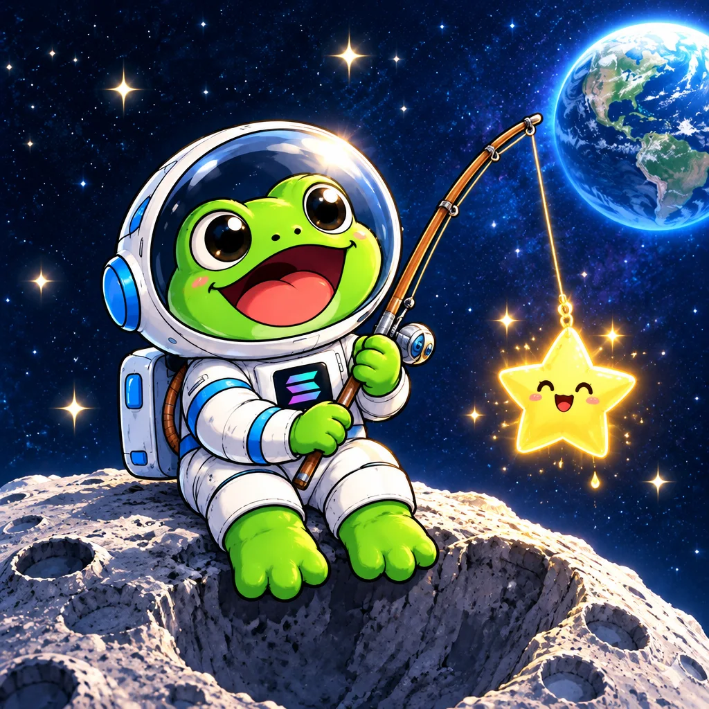 Moonfrog fishing for stars from the edge of a crater