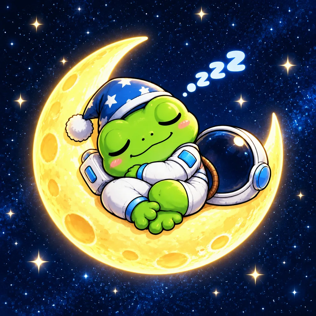 Moonfrog asleep on a crescent moon wearing a nightcap